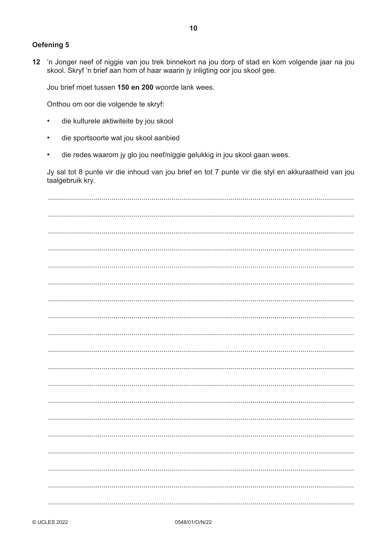 Cambridge IGCSE Afrikaans - Second Language 0548 2022 Oct/Nov Paper 1 · Variant 0 question paper, page 10 of 20