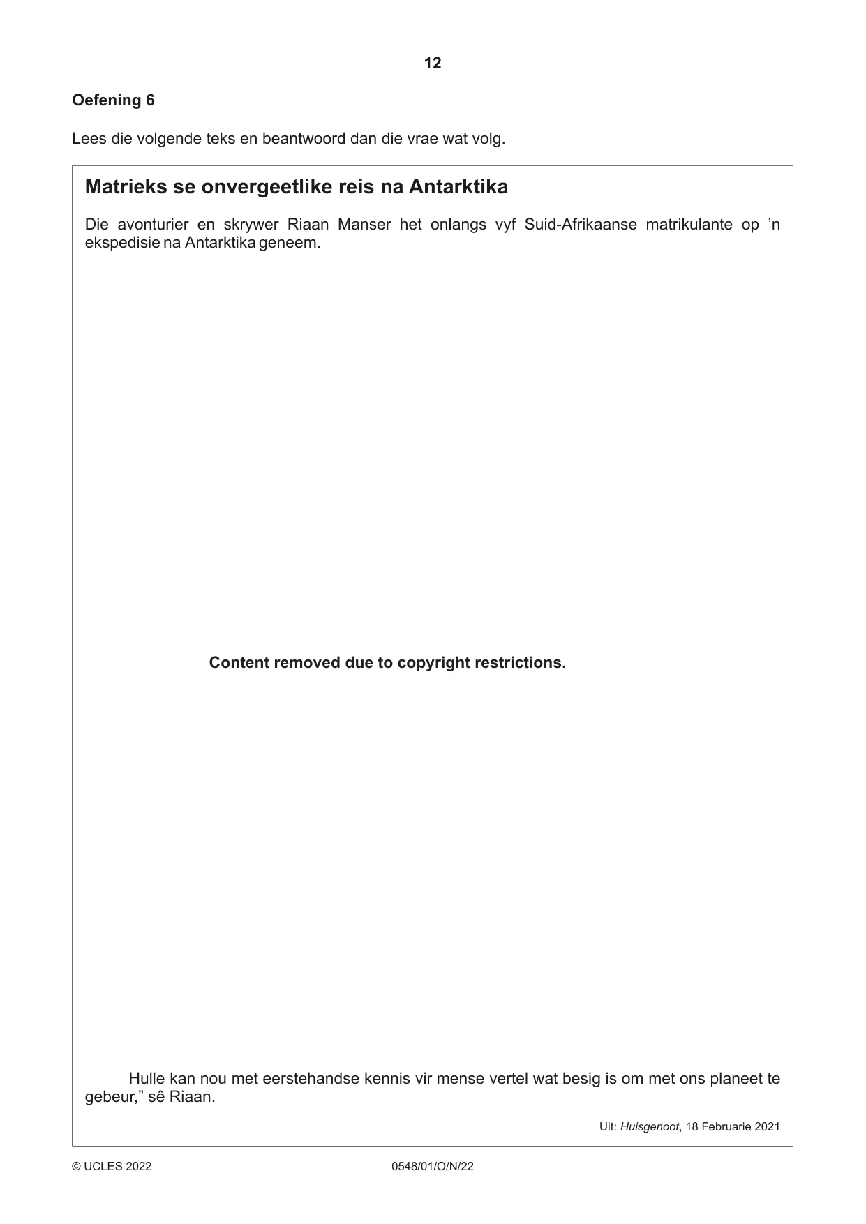 Cambridge IGCSE Afrikaans - Second Language 0548 2022 Oct/Nov Paper 1 · Variant 0 question paper, page 12 of 20