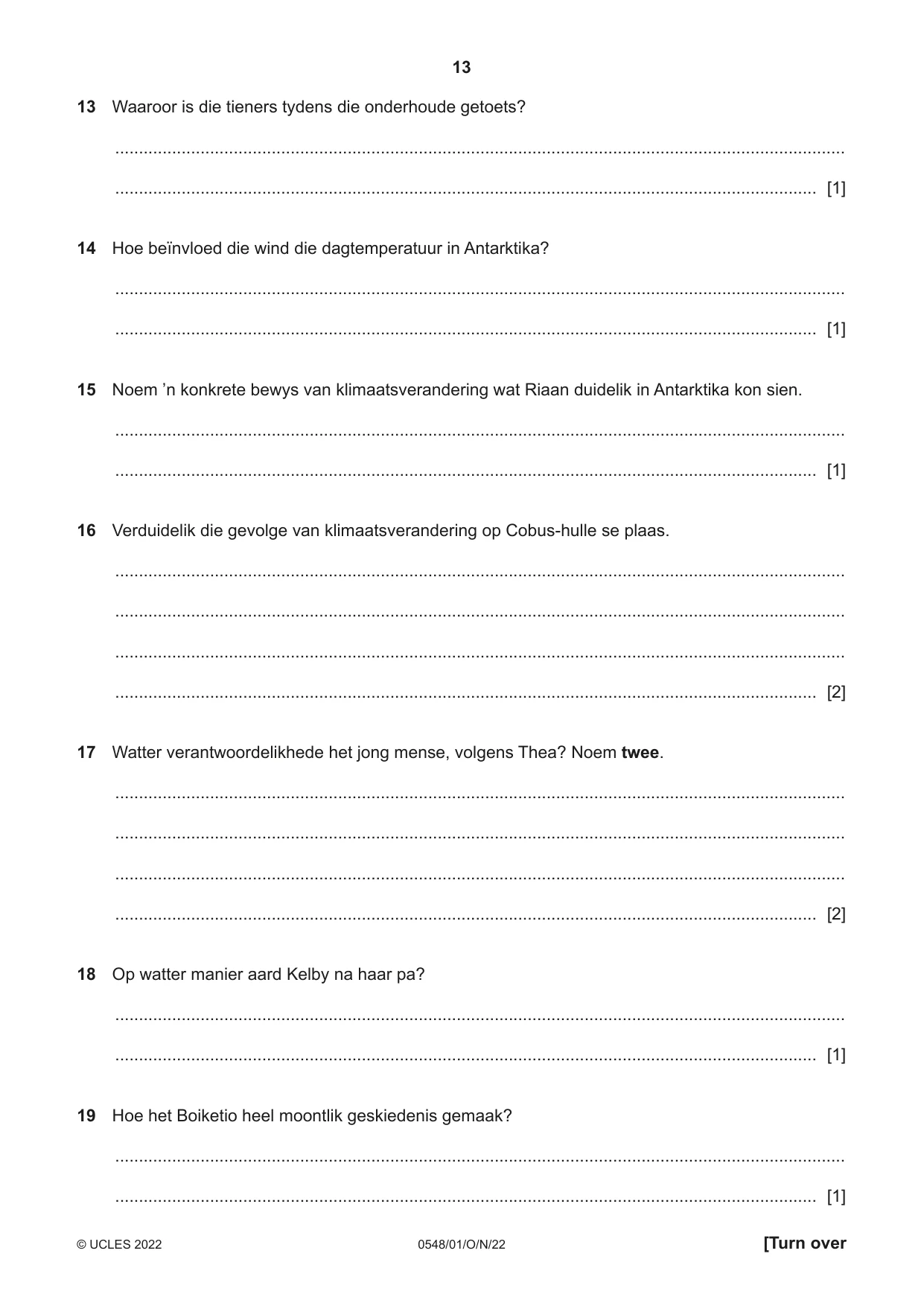 Cambridge IGCSE Afrikaans - Second Language 0548 2022 Oct/Nov Paper 1 · Variant 0 question paper, page 13 of 20