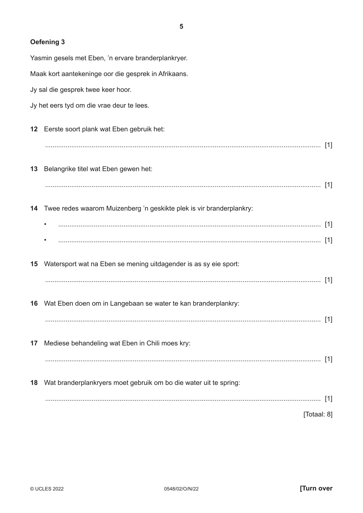 Cambridge IGCSE Afrikaans - Second Language 0548 2022 Oct/Nov Paper 2 · Variant 0 question paper, page 5 of 8