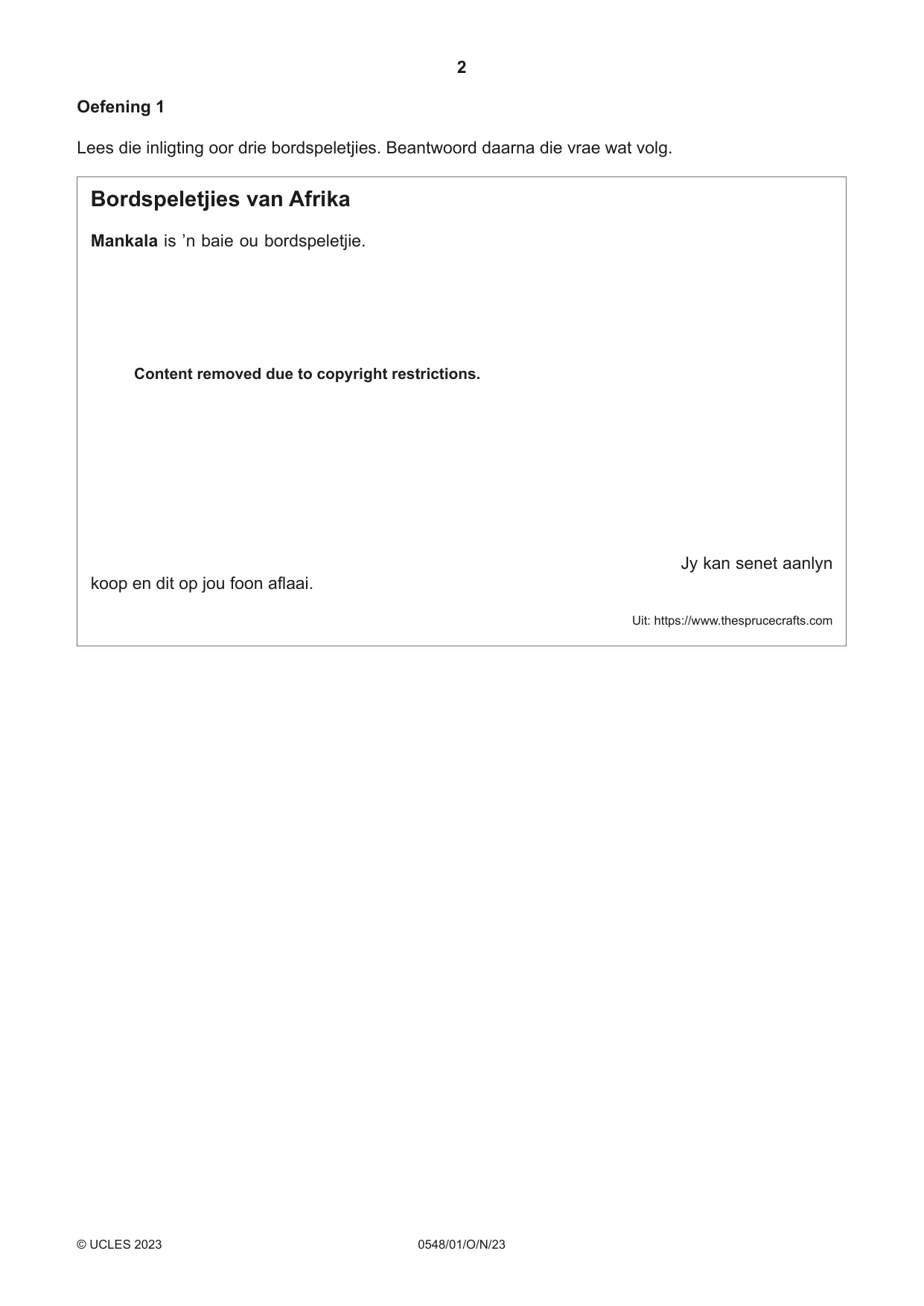 Cambridge IGCSE Afrikaans - Second Language 0548 2023 Oct/Nov Paper 1 · Variant 0 question paper, page 2 of 20