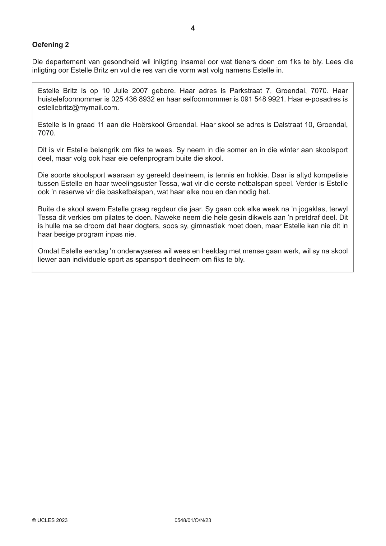 Cambridge IGCSE Afrikaans - Second Language 0548 2023 Oct/Nov Paper 1 · Variant 0 question paper, page 4 of 20