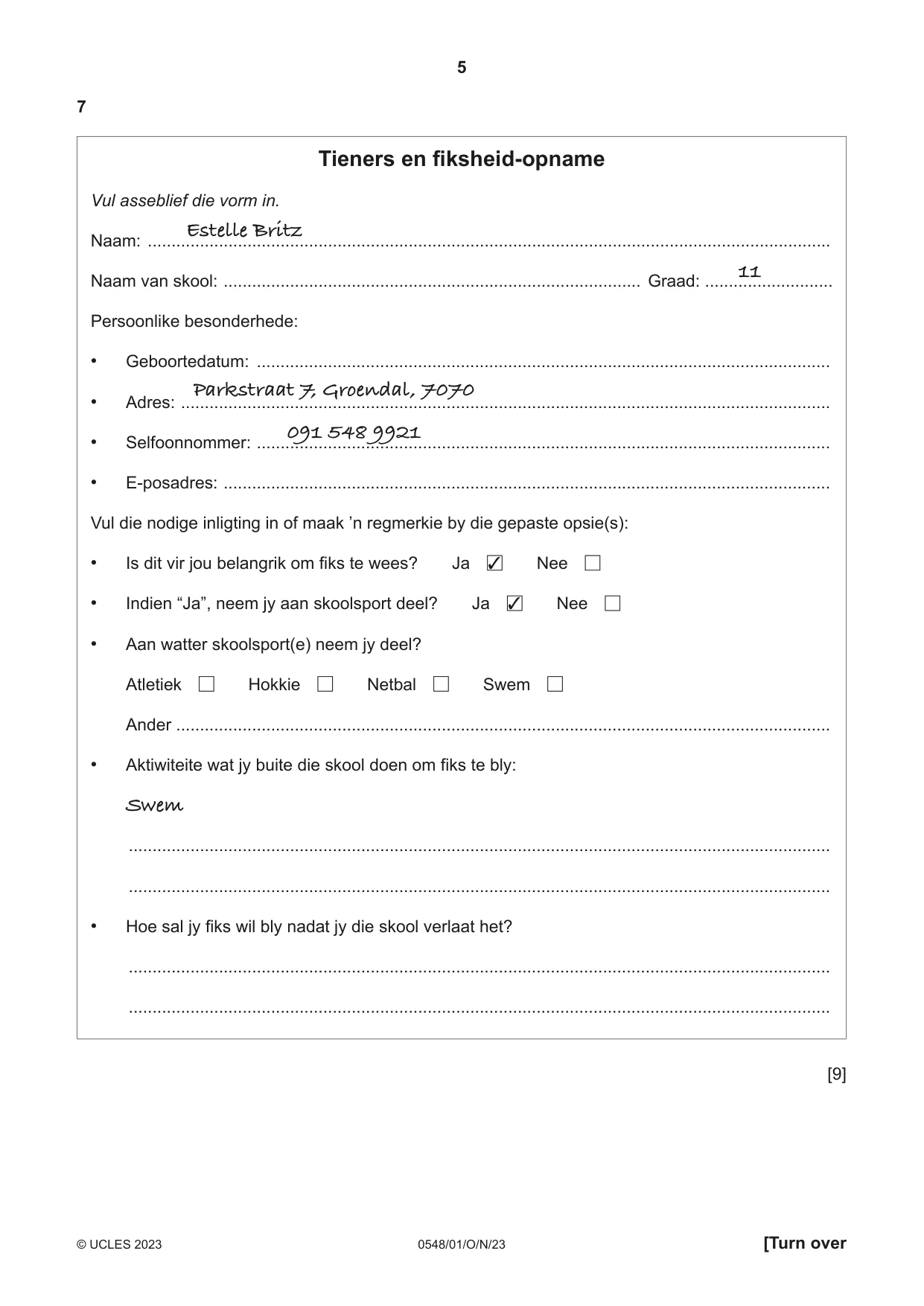 Cambridge IGCSE Afrikaans - Second Language 0548 2023 Oct/Nov Paper 1 · Variant 0 question paper, page 5 of 20