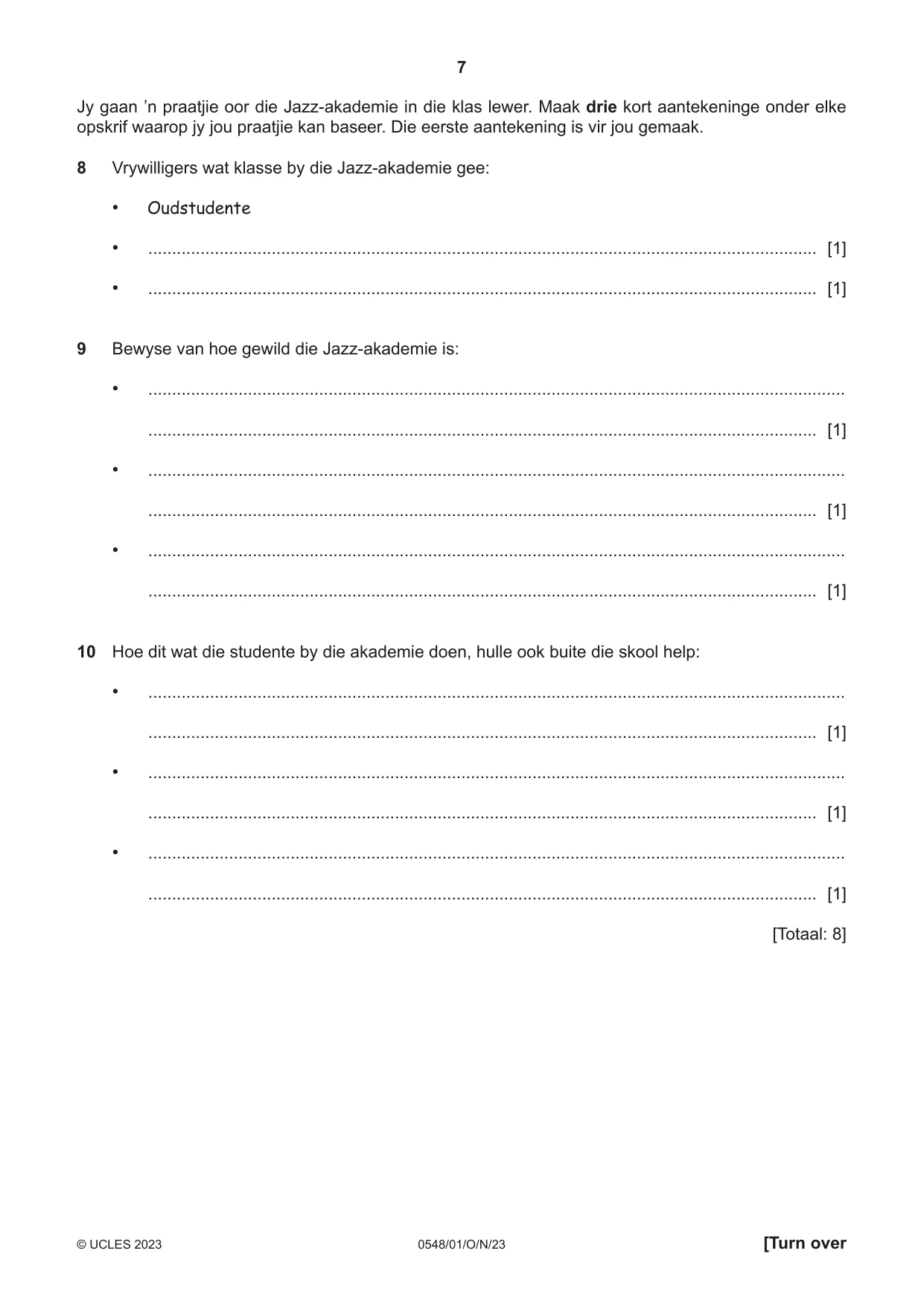Cambridge IGCSE Afrikaans - Second Language 0548 2023 Oct/Nov Paper 1 · Variant 0 question paper, page 7 of 20