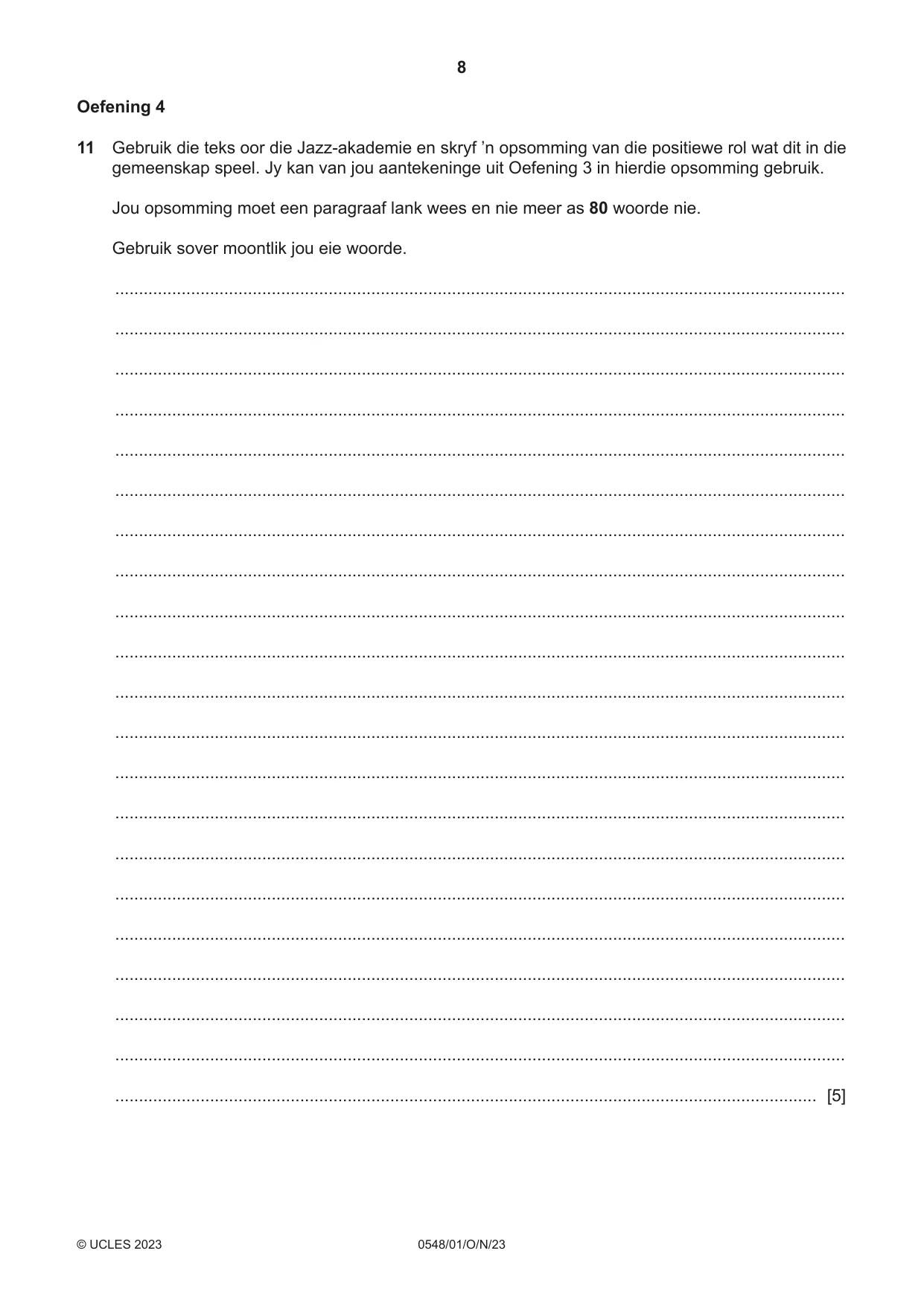 Cambridge IGCSE Afrikaans - Second Language 0548 2023 Oct/Nov Paper 1 · Variant 0 question paper, page 8 of 20