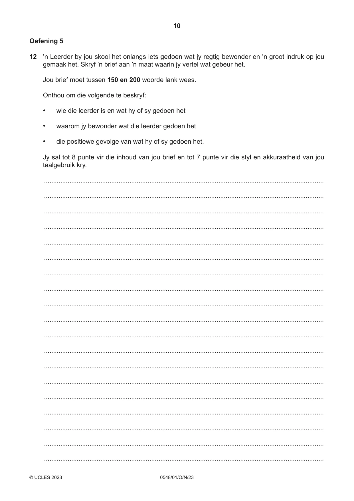 Cambridge IGCSE Afrikaans - Second Language 0548 2023 Oct/Nov Paper 1 · Variant 0 question paper, page 10 of 20