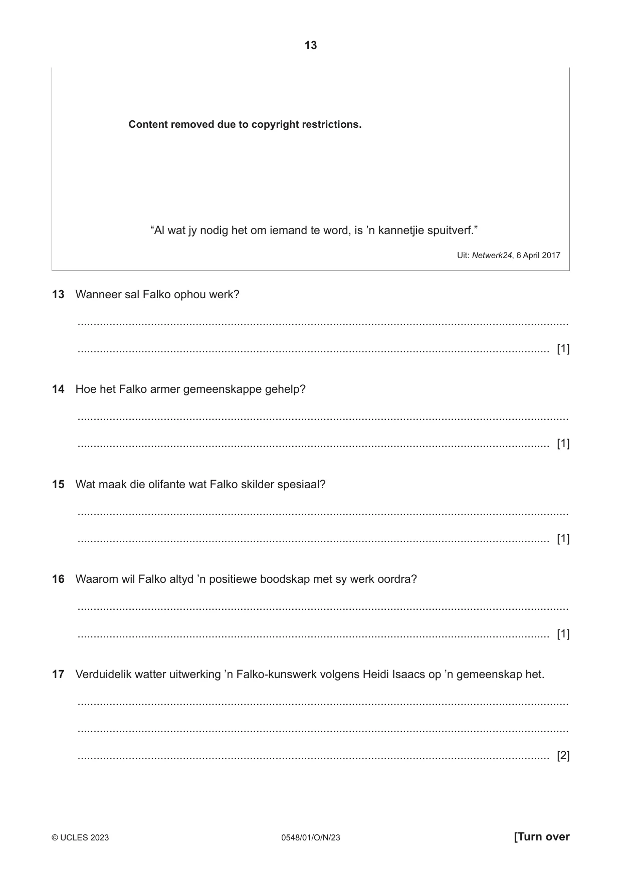 Cambridge IGCSE Afrikaans - Second Language 0548 2023 Oct/Nov Paper 1 · Variant 0 question paper, page 13 of 20