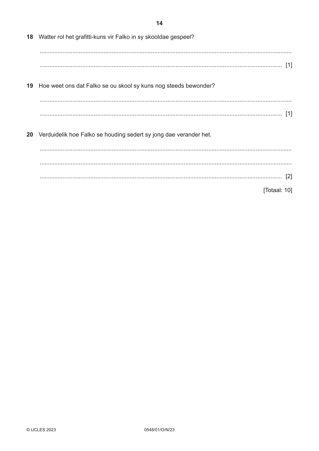 Cambridge IGCSE Afrikaans - Second Language 0548 2023 Oct/Nov Paper 1 · Variant 0 question paper, page 14 of 20