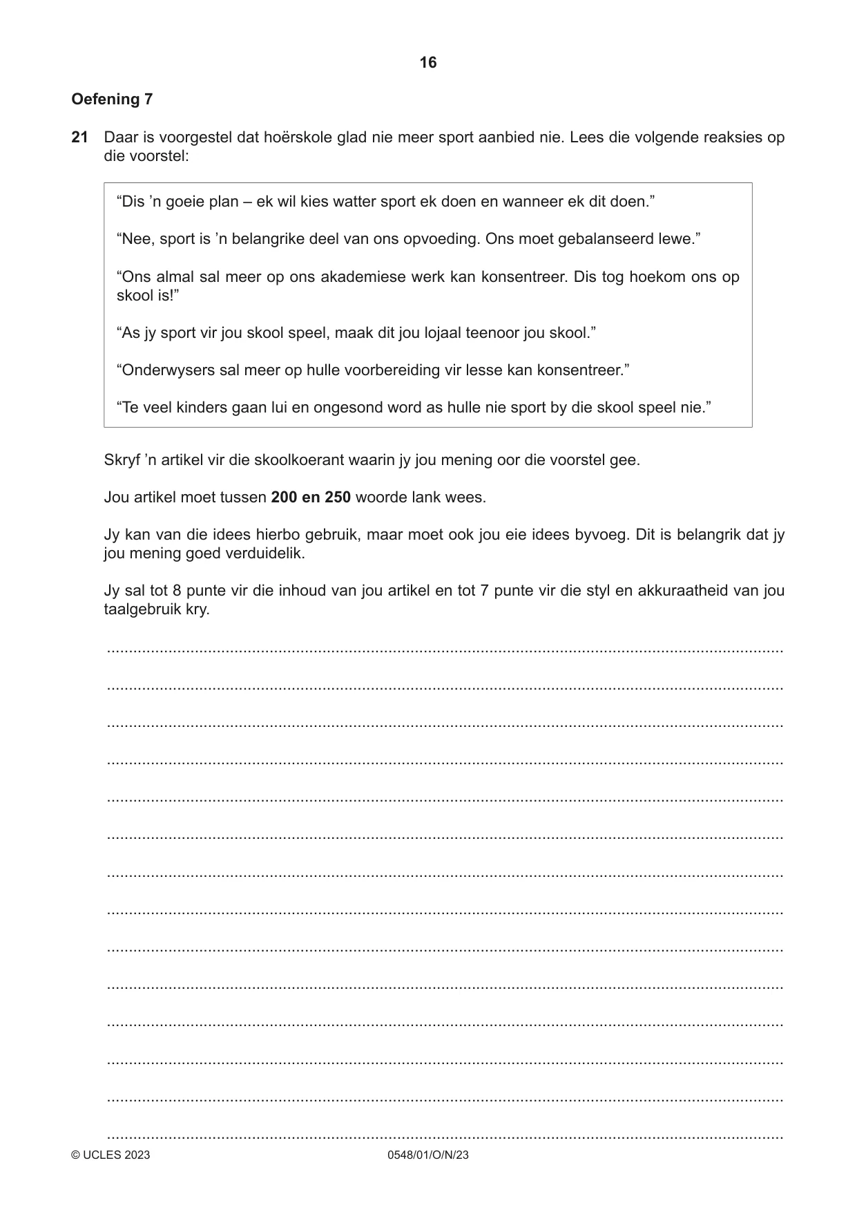 Cambridge IGCSE Afrikaans - Second Language 0548 2023 Oct/Nov Paper 1 · Variant 0 question paper, page 16 of 20