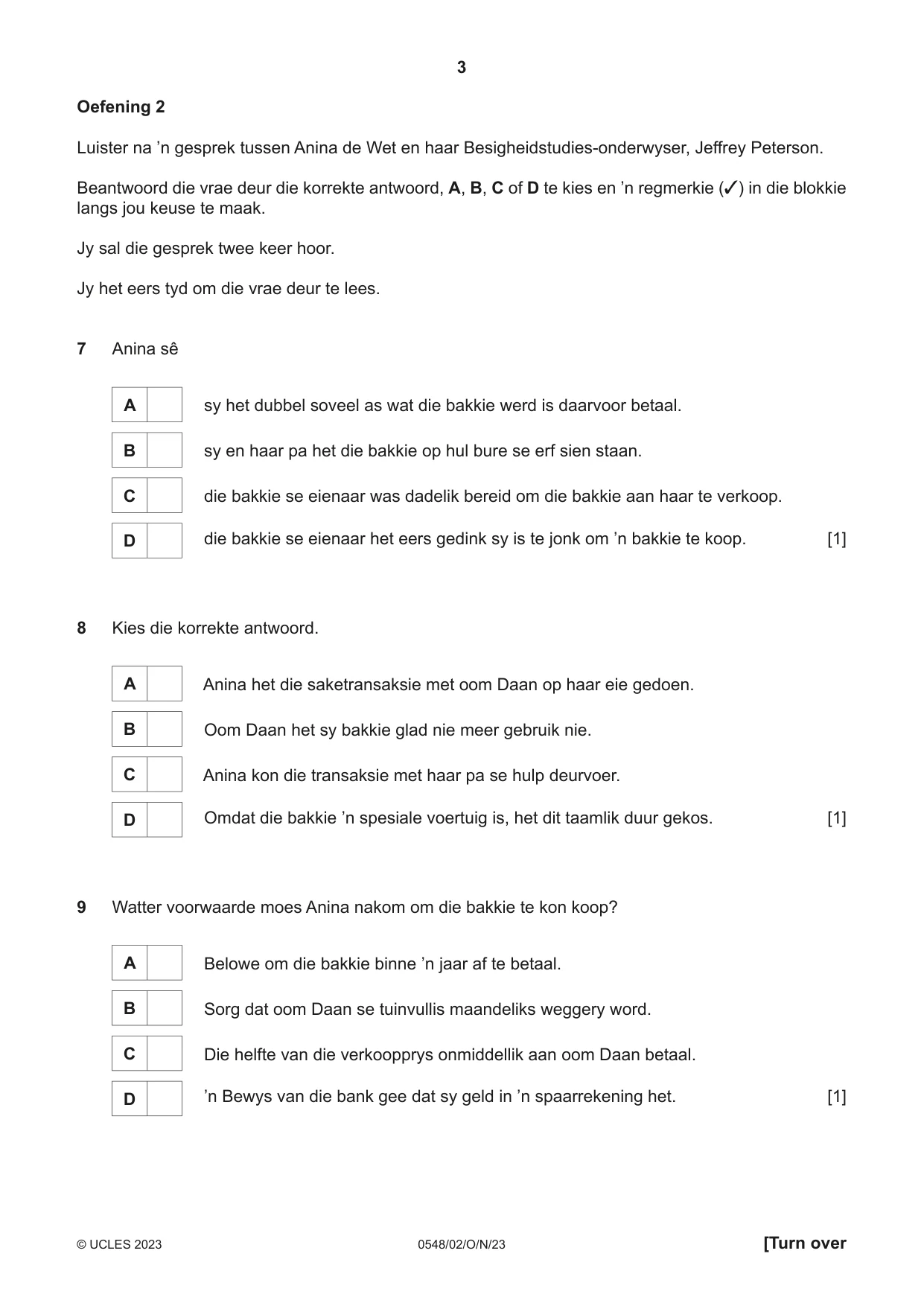 Cambridge IGCSE Afrikaans - Second Language 0548 2023 Oct/Nov Paper 2 · Variant 0 question paper, page 3 of 8