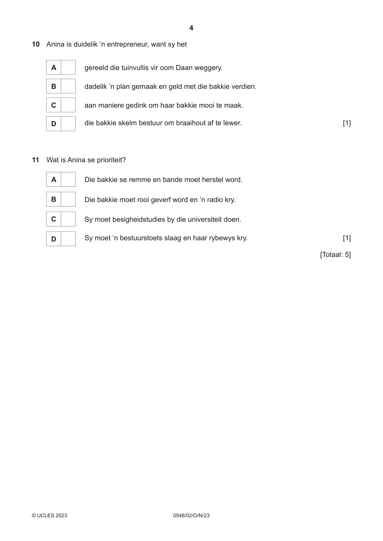 Cambridge IGCSE Afrikaans - Second Language 0548 2023 Oct/Nov Paper 2 · Variant 0 question paper, page 4 of 8