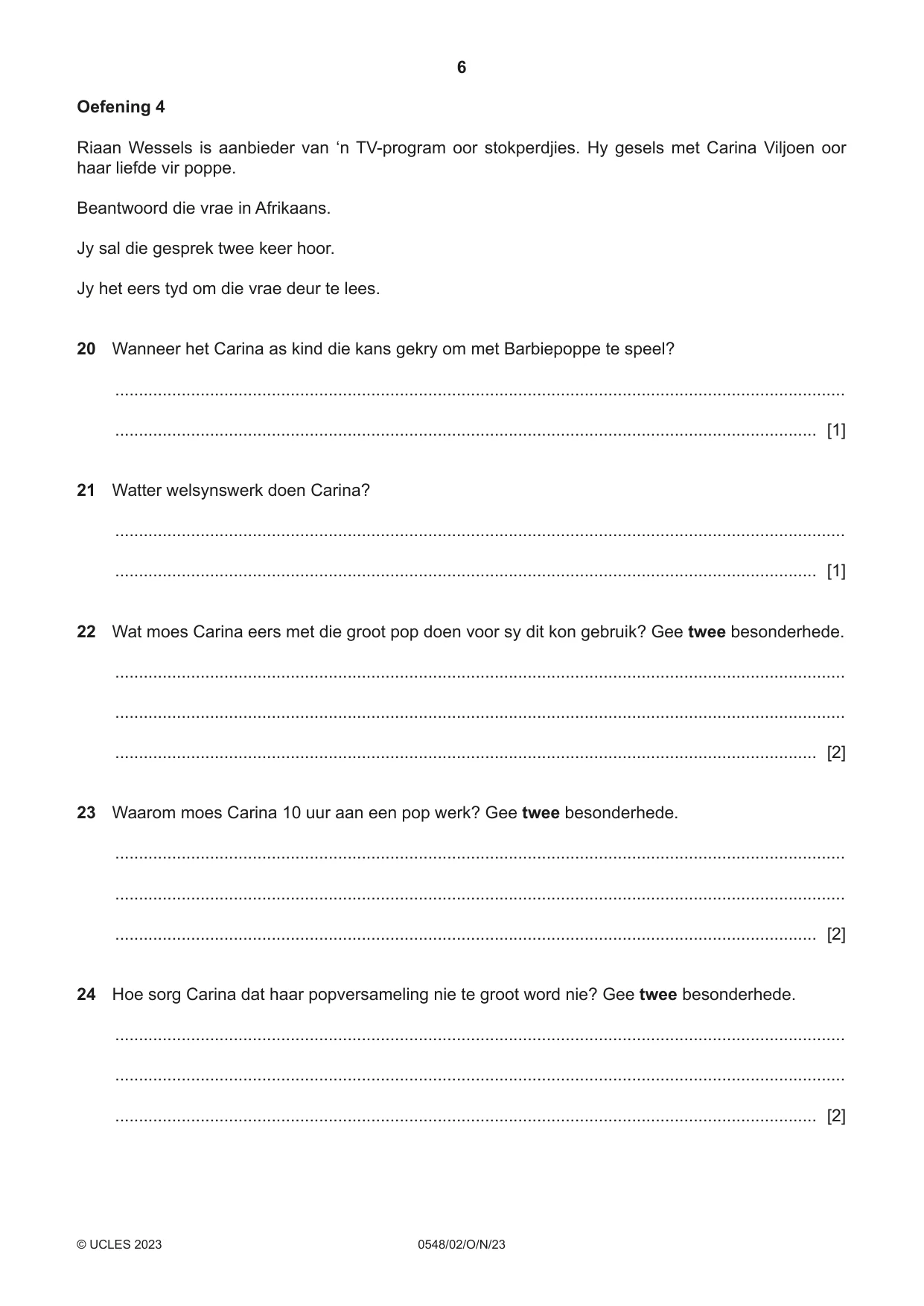 Cambridge IGCSE Afrikaans - Second Language 0548 2023 Oct/Nov Paper 2 · Variant 0 question paper, page 6 of 8