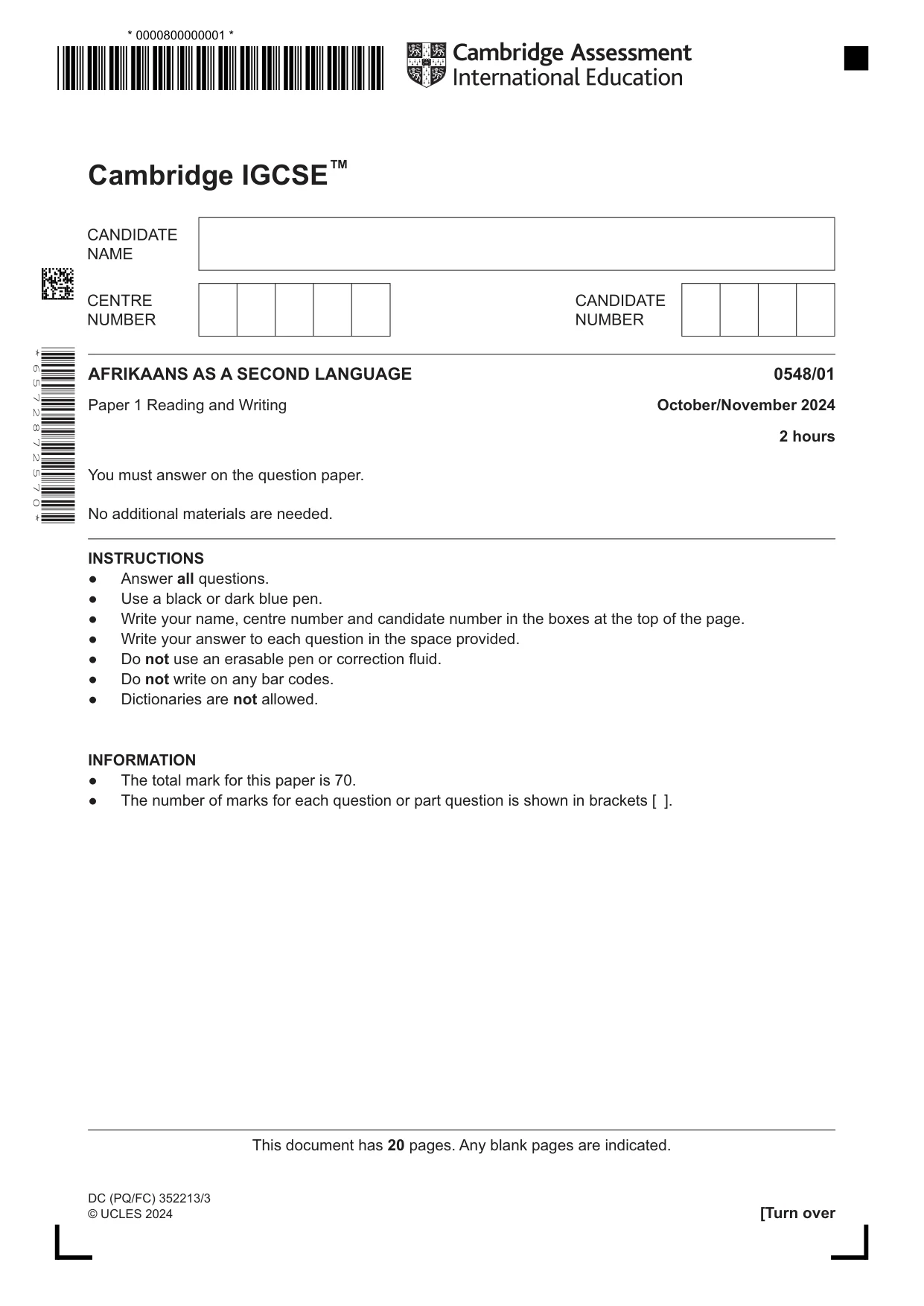 Cambridge IGCSE Afrikaans - Second Language 0548 2024 Oct/Nov Paper 1 · Variant 0 question paper, page 1 of 20