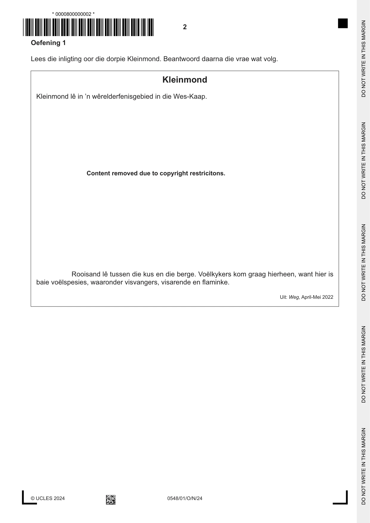 Cambridge IGCSE Afrikaans - Second Language 0548 2024 Oct/Nov Paper 1 · Variant 0 question paper, page 2 of 20