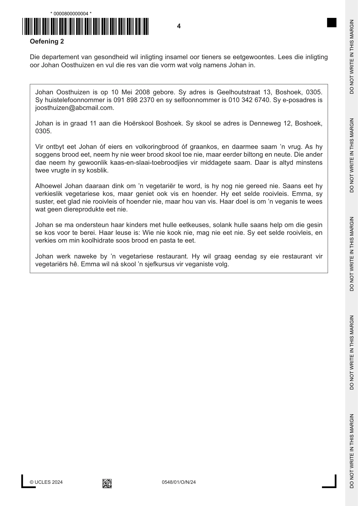 Cambridge IGCSE Afrikaans - Second Language 0548 2024 Oct/Nov Paper 1 · Variant 0 question paper, page 4 of 20