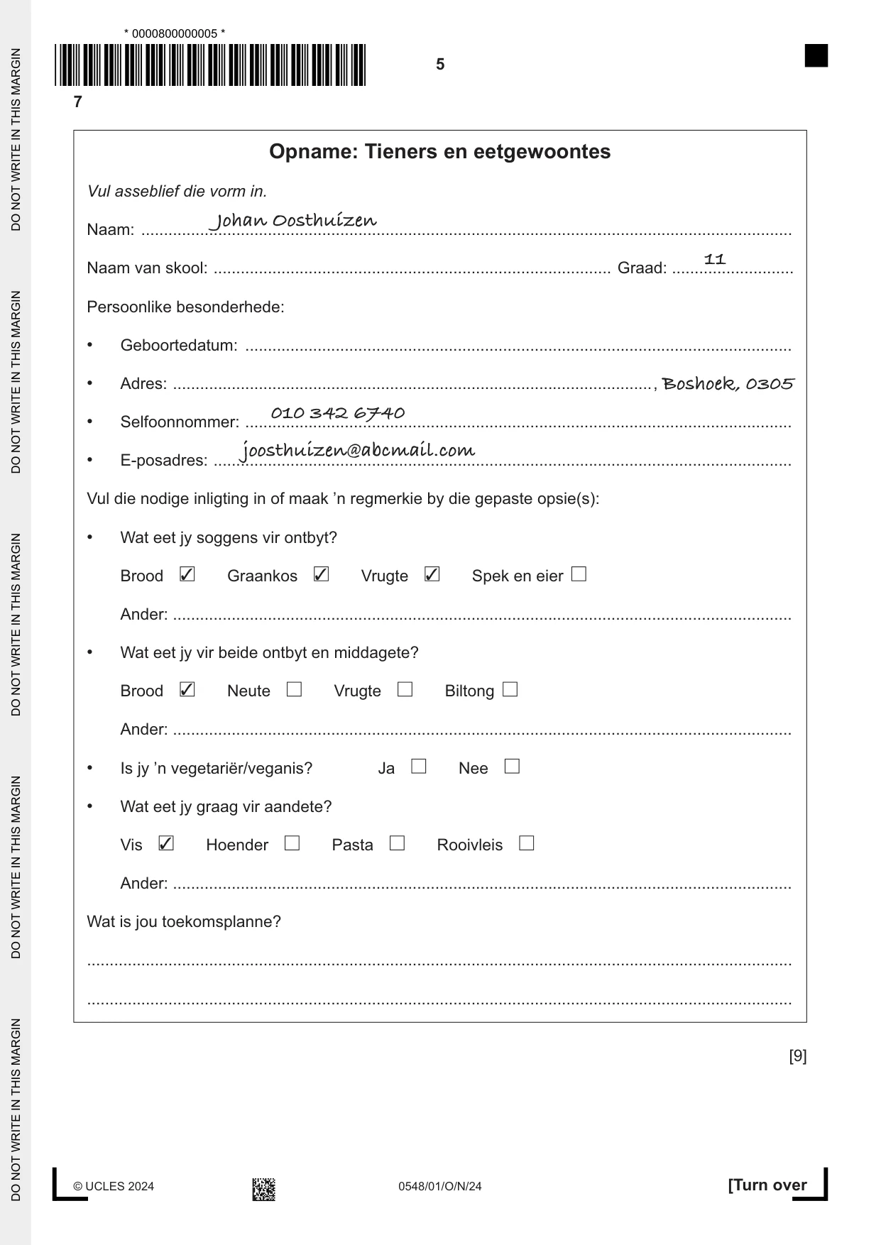 Cambridge IGCSE Afrikaans - Second Language 0548 2024 Oct/Nov Paper 1 · Variant 0 question paper, page 5 of 20