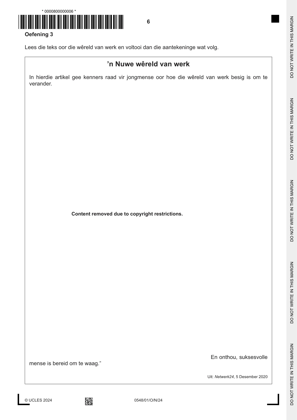 Cambridge IGCSE Afrikaans - Second Language 0548 2024 Oct/Nov Paper 1 · Variant 0 question paper, page 6 of 20