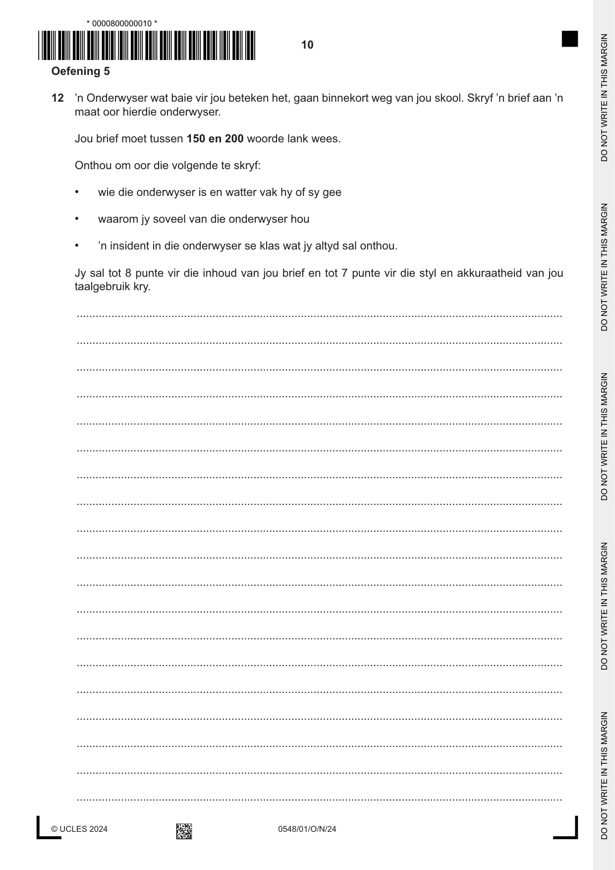 Cambridge IGCSE Afrikaans - Second Language 0548 2024 Oct/Nov Paper 1 · Variant 0 question paper, page 10 of 20
