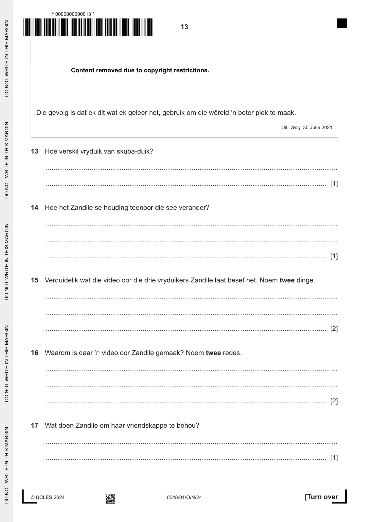 Cambridge IGCSE Afrikaans - Second Language 0548 2024 Oct/Nov Paper 1 · Variant 0 question paper, page 13 of 20