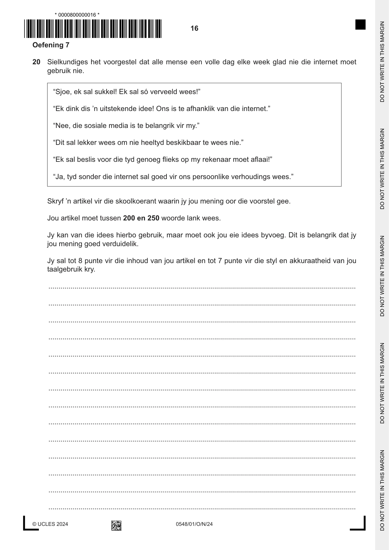Cambridge IGCSE Afrikaans - Second Language 0548 2024 Oct/Nov Paper 1 · Variant 0 question paper, page 16 of 20
