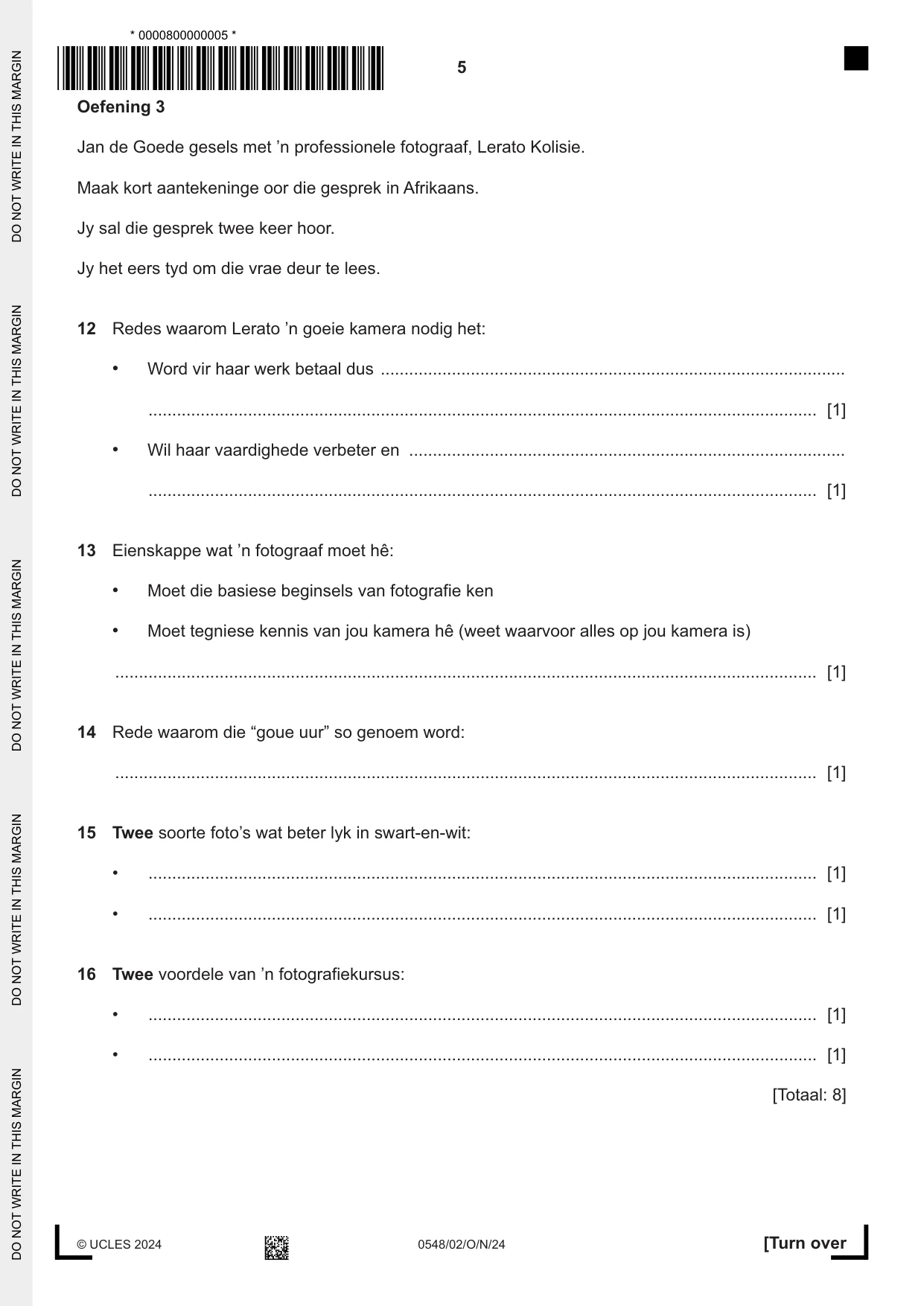 Cambridge IGCSE Afrikaans - Second Language 0548 2024 Oct/Nov Paper 2 · Variant 0 question paper, page 5 of 8