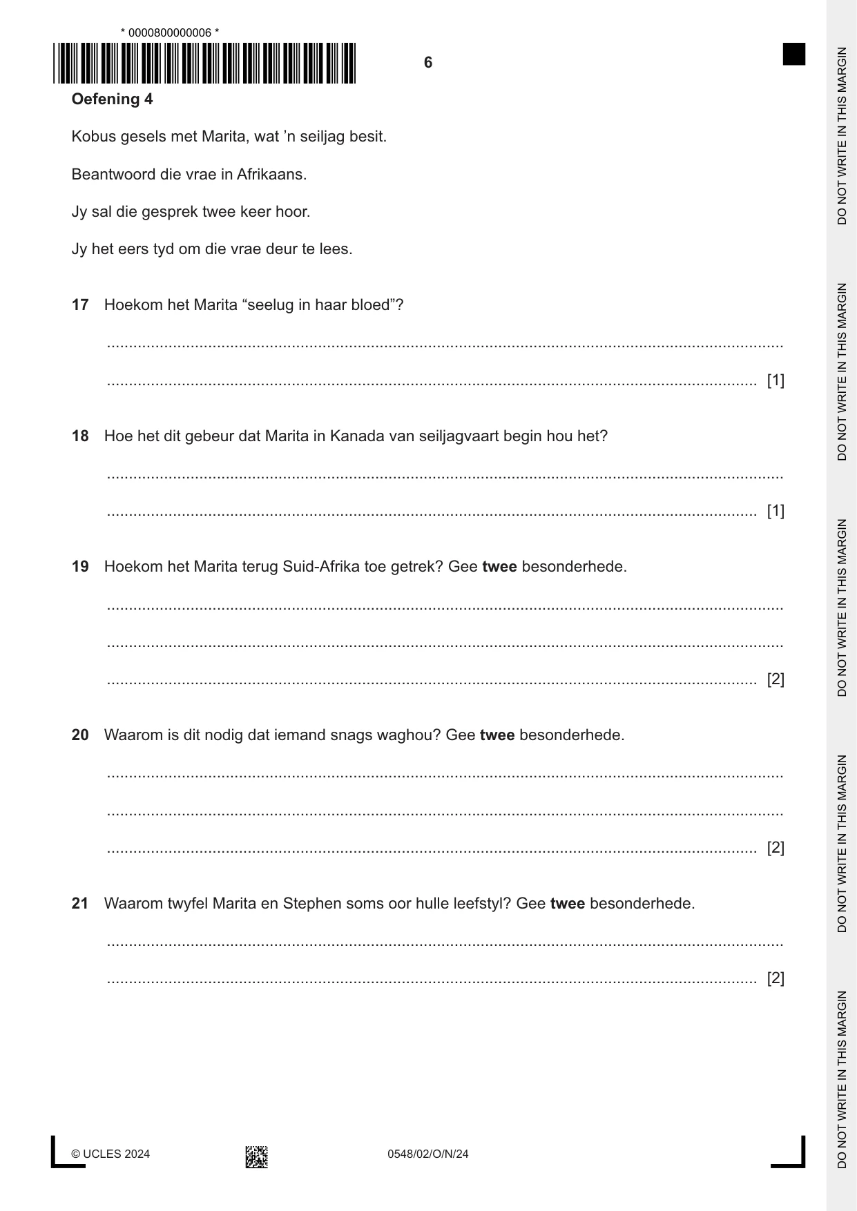 Cambridge IGCSE Afrikaans - Second Language 0548 2024 Oct/Nov Paper 2 · Variant 0 question paper, page 6 of 8