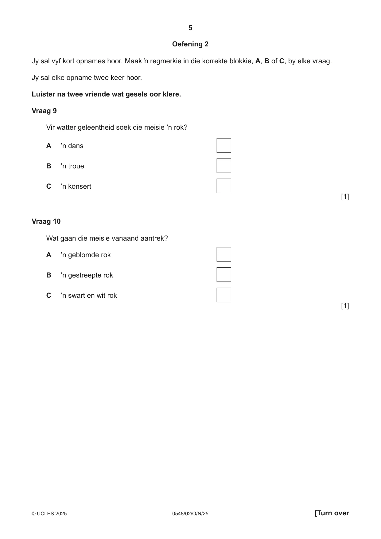 Cambridge IGCSE Afrikaans - Second Language 0548 2025 Oct/Nov Paper 2 · Variant 0 question paper, page 5 of 16