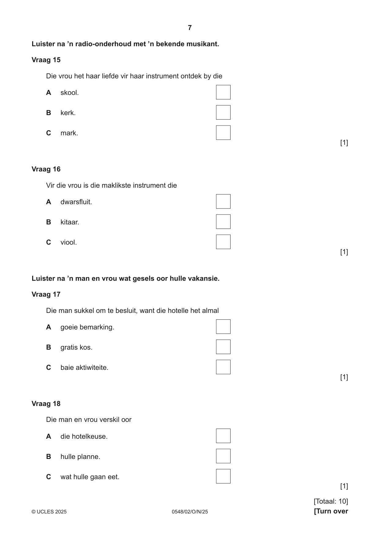 Cambridge IGCSE Afrikaans - Second Language 0548 2025 Oct/Nov Paper 2 · Variant 0 question paper, page 7 of 16