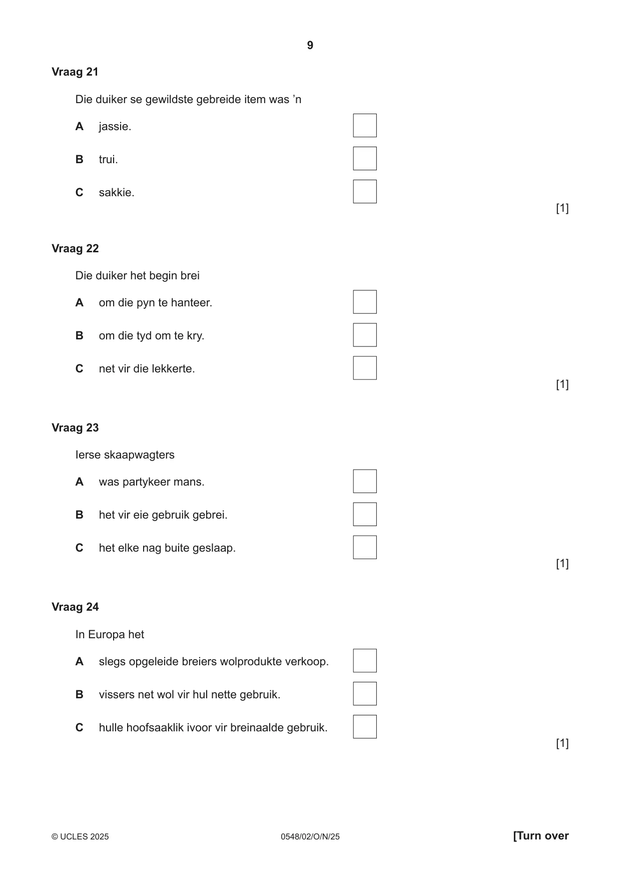 Cambridge IGCSE Afrikaans - Second Language 0548 2025 Oct/Nov Paper 2 · Variant 0 question paper, page 9 of 16