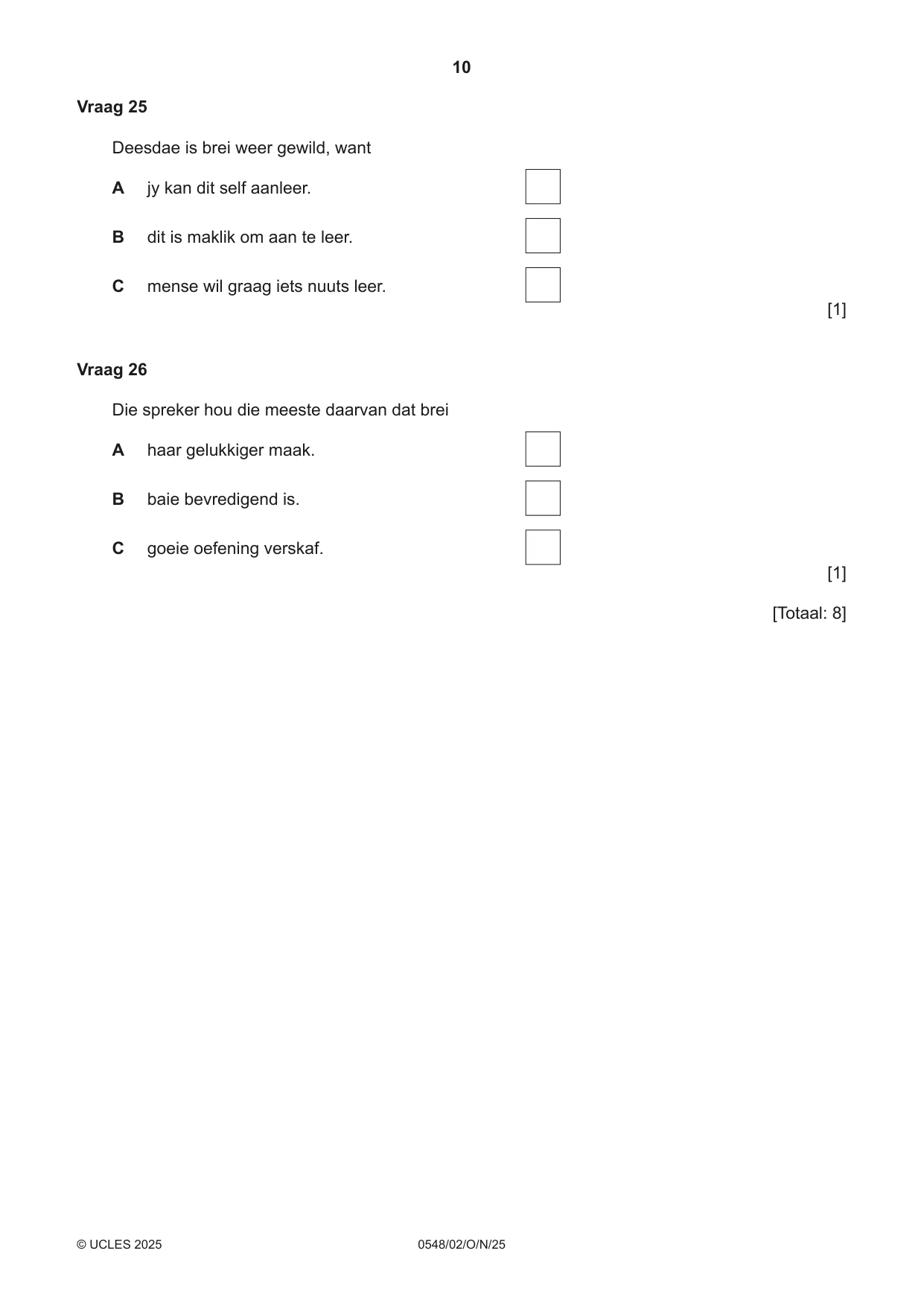 Cambridge IGCSE Afrikaans - Second Language 0548 2025 Oct/Nov Paper 2 · Variant 0 question paper, page 10 of 16