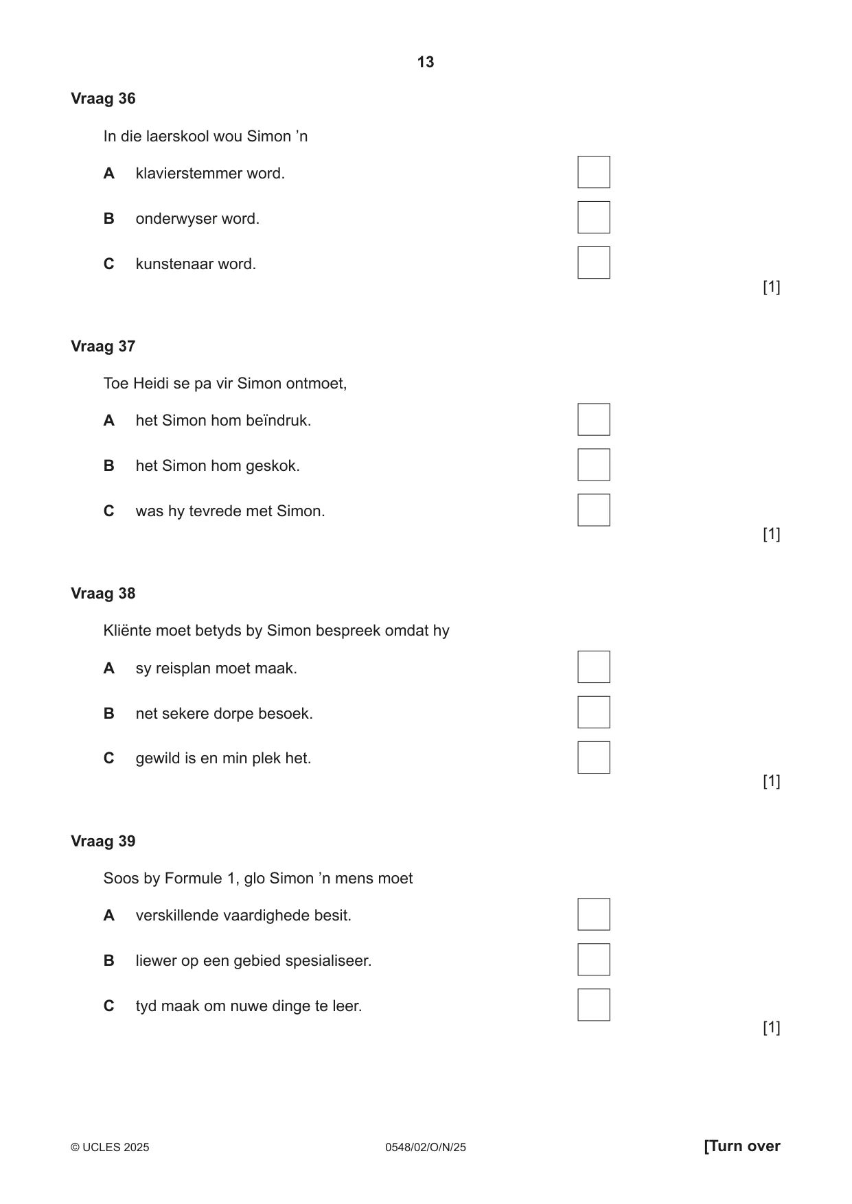 Cambridge IGCSE Afrikaans - Second Language 0548 2025 Oct/Nov Paper 2 · Variant 0 question paper, page 13 of 16