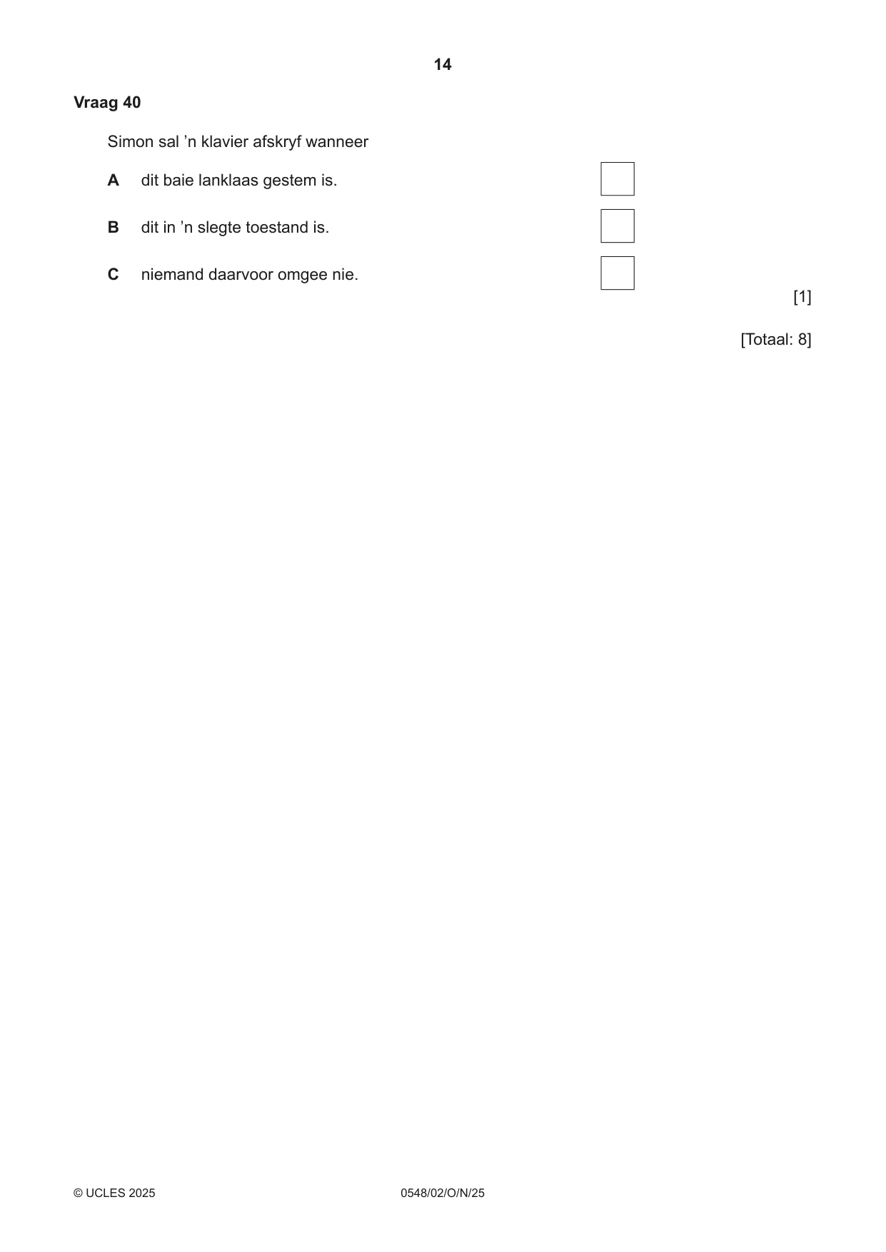 Cambridge IGCSE Afrikaans - Second Language 0548 2025 Oct/Nov Paper 2 · Variant 0 question paper, page 14 of 16