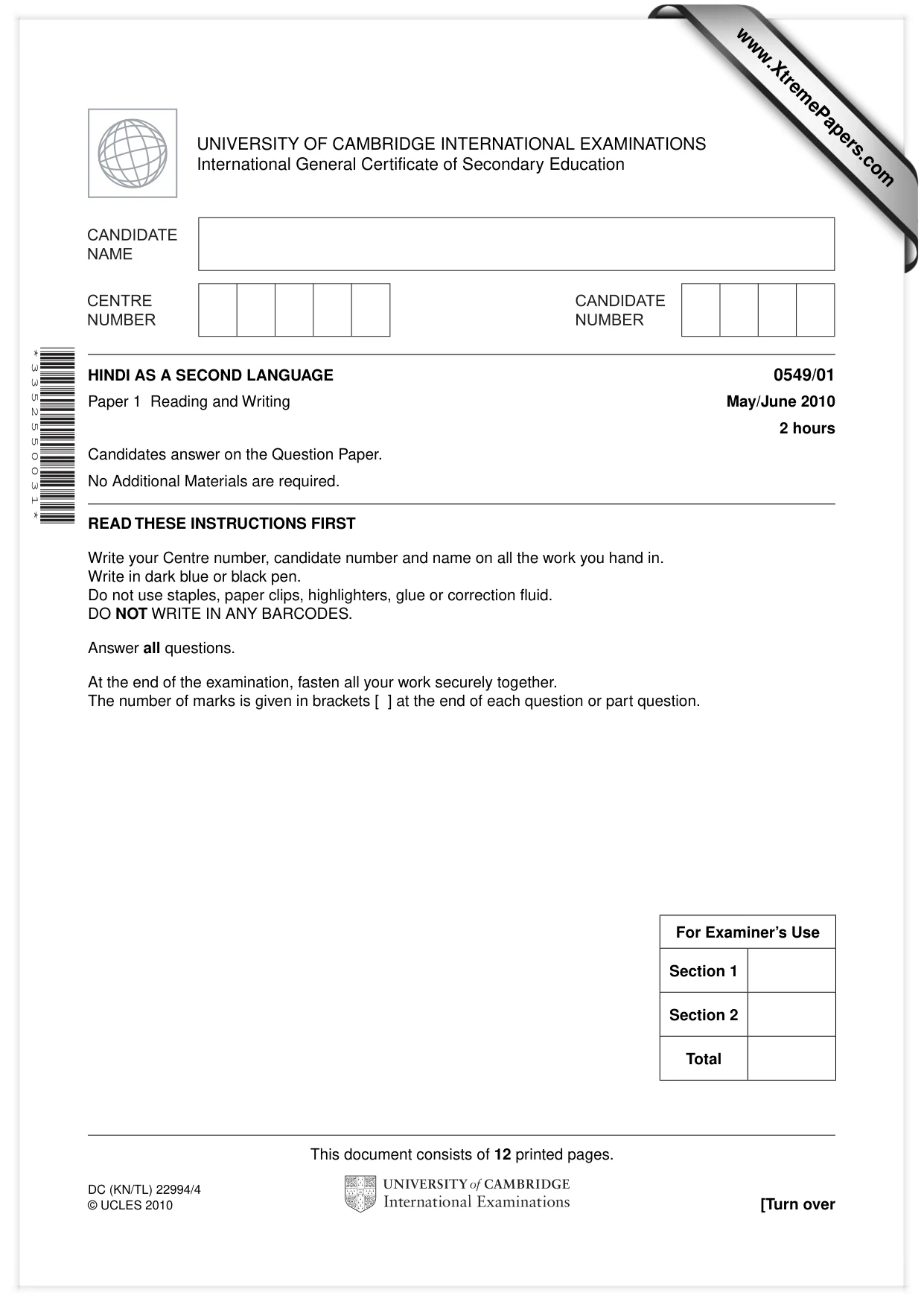 Cambridge IGCSE Hindi as a Second Language 0549 2010 May/June Paper 1 · Variant 1 question paper, page 1 of 12