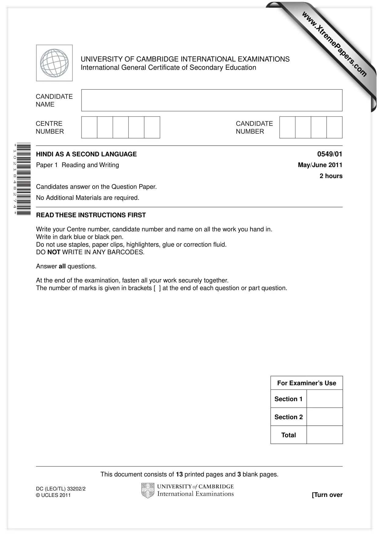 Cambridge IGCSE Hindi as a Second Language 0549 2011 May/June Paper 1 · Variant 1 question paper, page 1 of 16