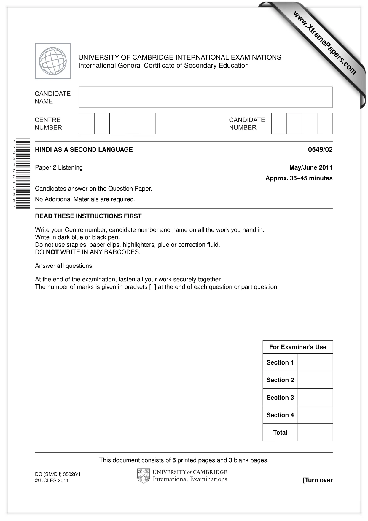 Cambridge IGCSE Hindi as a Second Language 0549 2011 May/June Paper 2 · Variant 1 question paper, page 1 of 8