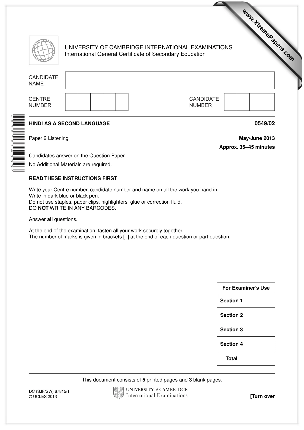 Cambridge IGCSE Hindi as a Second Language 0549 2013 May/June Paper 2 · Variant 1 question paper, page 1 of 8