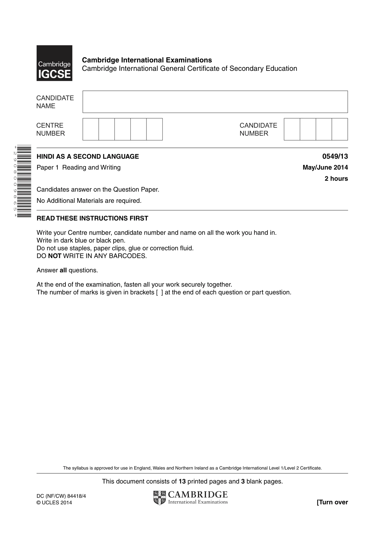 Cambridge IGCSE Hindi as a Second Language 0549 2014 May/June Paper 1 · Variant 3 question paper, page 1 of 16