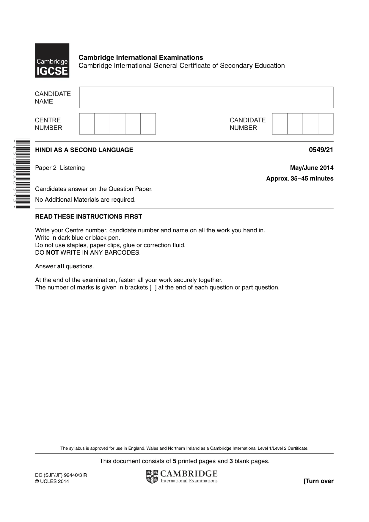 Cambridge IGCSE Hindi as a Second Language 0549 2014 May/June Paper 2 · Variant 1 question paper, page 1 of 8