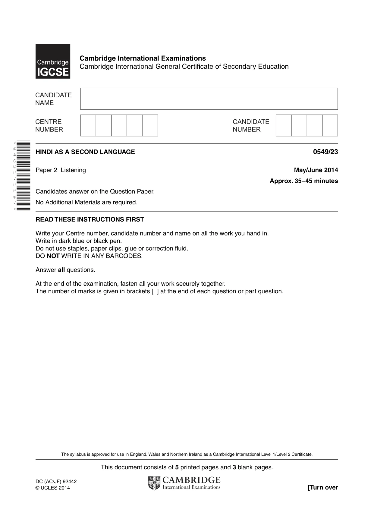 Cambridge IGCSE Hindi as a Second Language 0549 2014 May/June Paper 2 · Variant 3 question paper, page 1 of 8