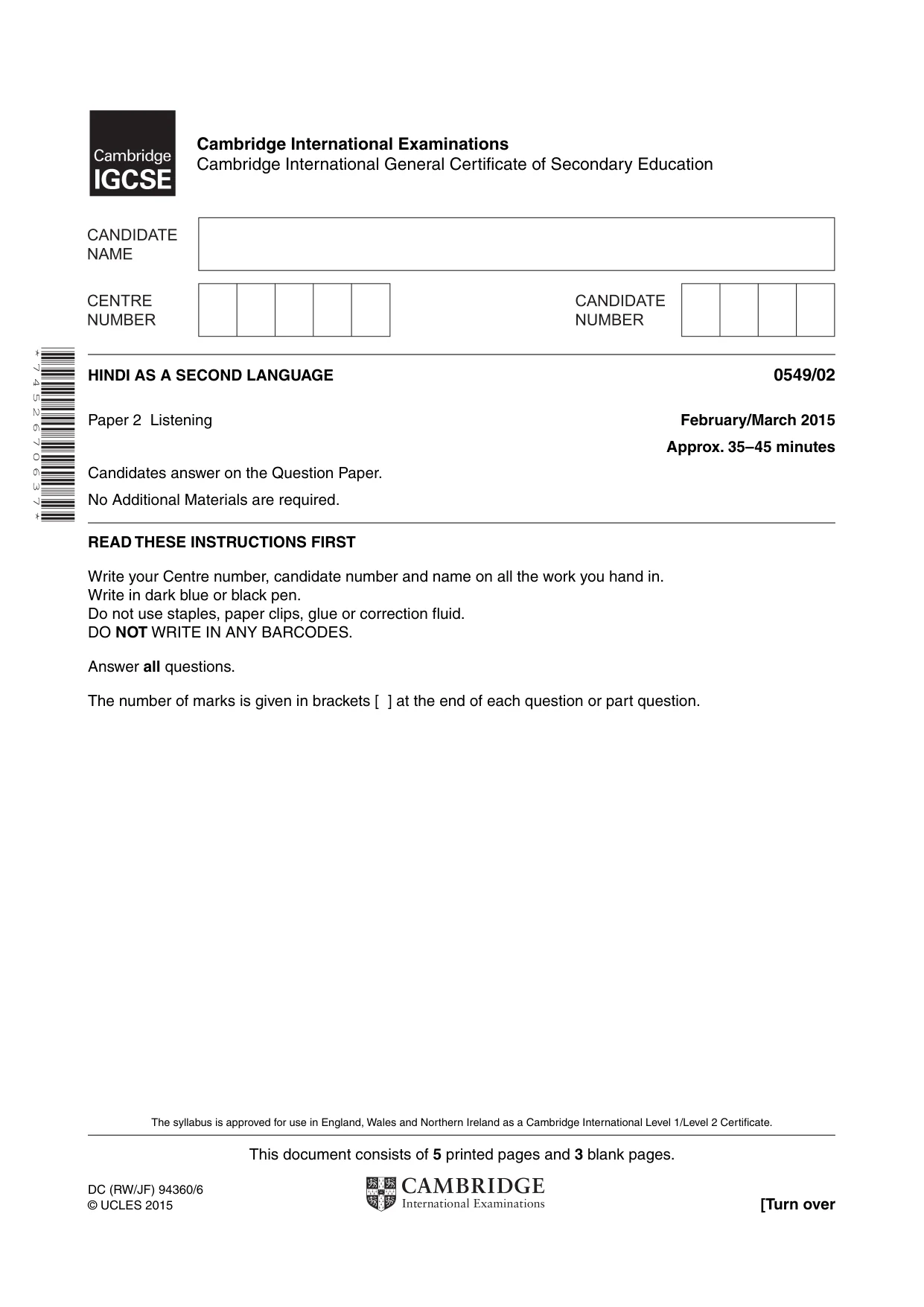 Cambridge IGCSE Hindi as a Second Language 0549 2015 Feb/March Paper 2 · Variant 1 question paper, page 1 of 8