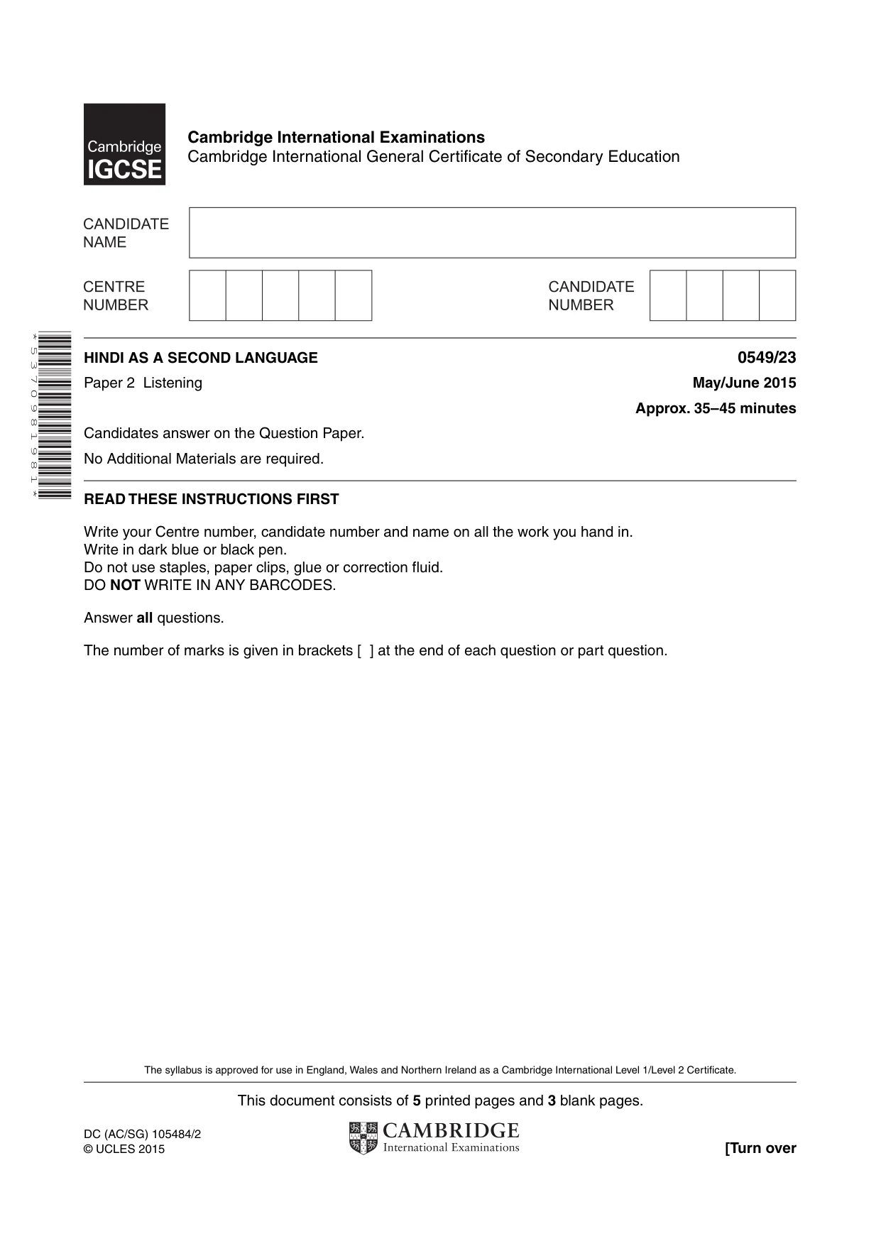 Cambridge IGCSE Hindi as a Second Language 0549 2015 May/June Paper 2 · Variant 3 question paper, page 1 of 8