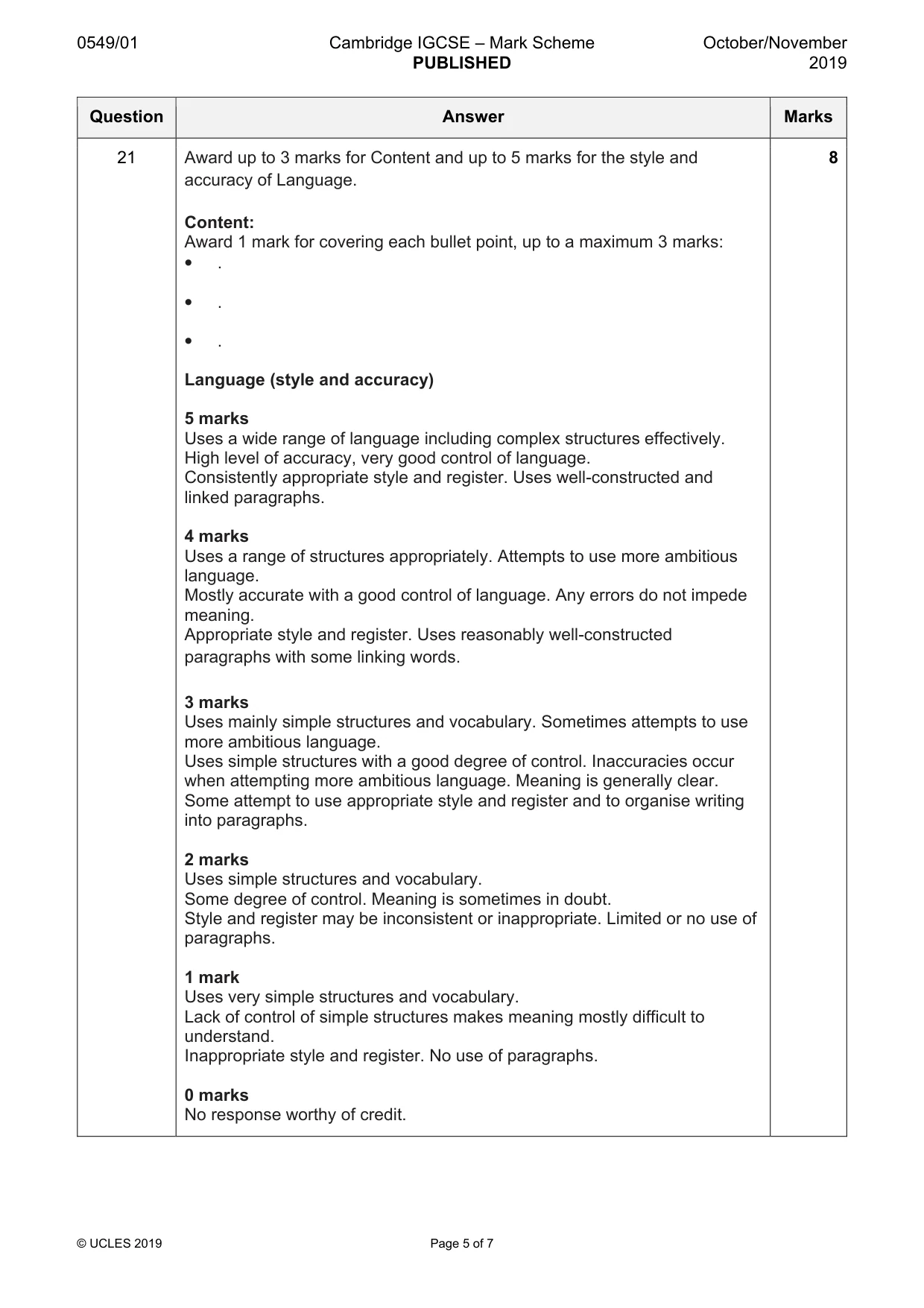 Mark scheme, page 5 of 7