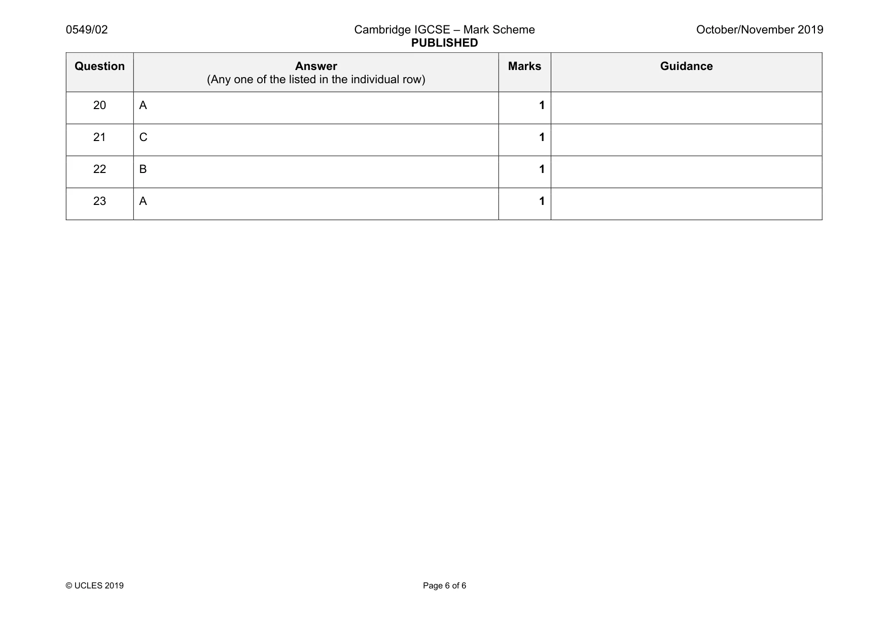 Mark scheme, page 6 of 6