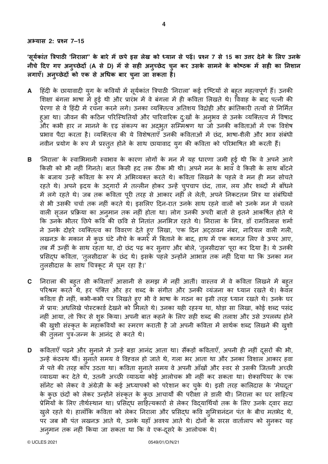 Cambridge IGCSE Hindi as a Second Language 0549 2021 Oct/Nov Paper 1 · Variant 0 question paper, page 4 of 16