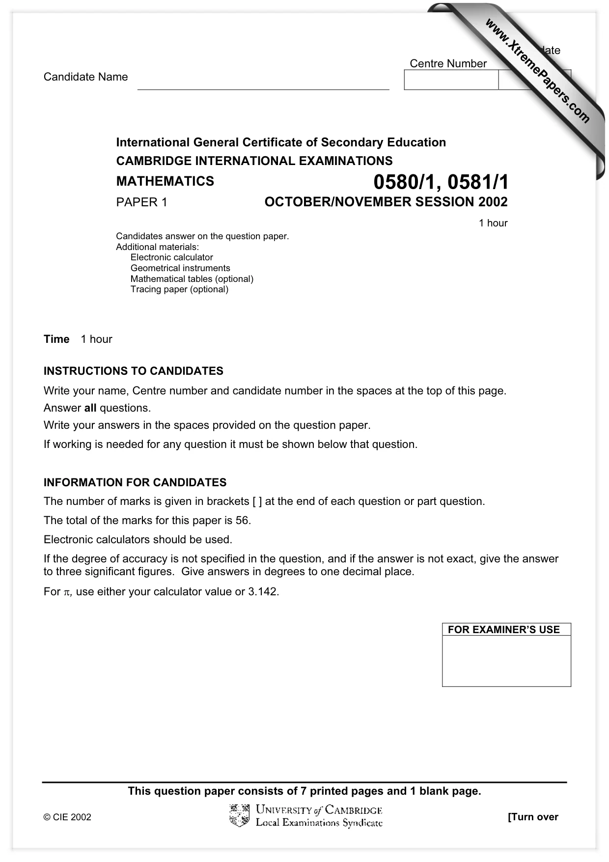 Cambridge IGCSE Mathematics 0580 2002 Oct/Nov Paper 1 · Variant 1 question paper, page 1 of 8