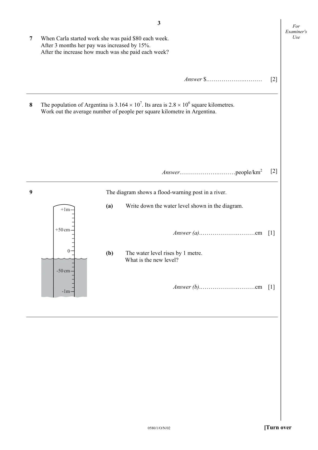 Cambridge IGCSE Mathematics 0580 2002 Oct/Nov Paper 1 · Variant 1 question paper, page 3 of 8