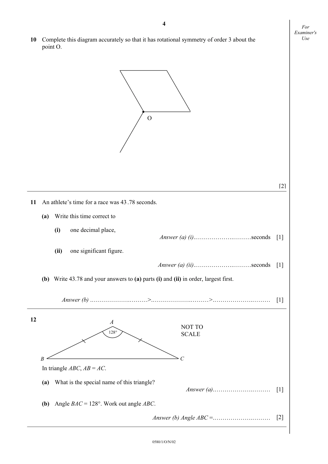 Cambridge IGCSE Mathematics 0580 2002 Oct/Nov Paper 1 · Variant 1 question paper, page 4 of 8