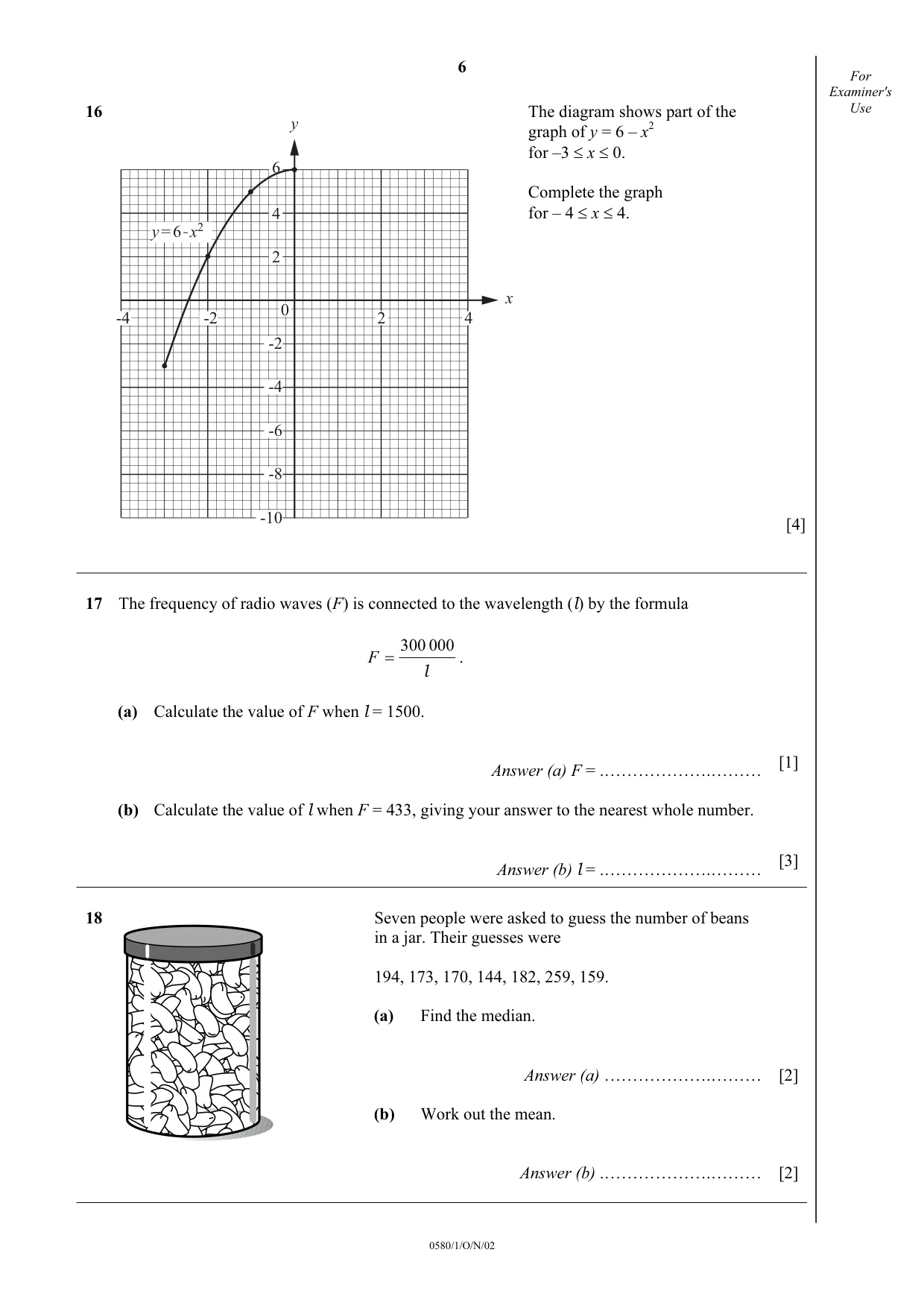 Cambridge IGCSE Mathematics 0580 2002 Oct/Nov Paper 1 · Variant 1 question paper, page 6 of 8