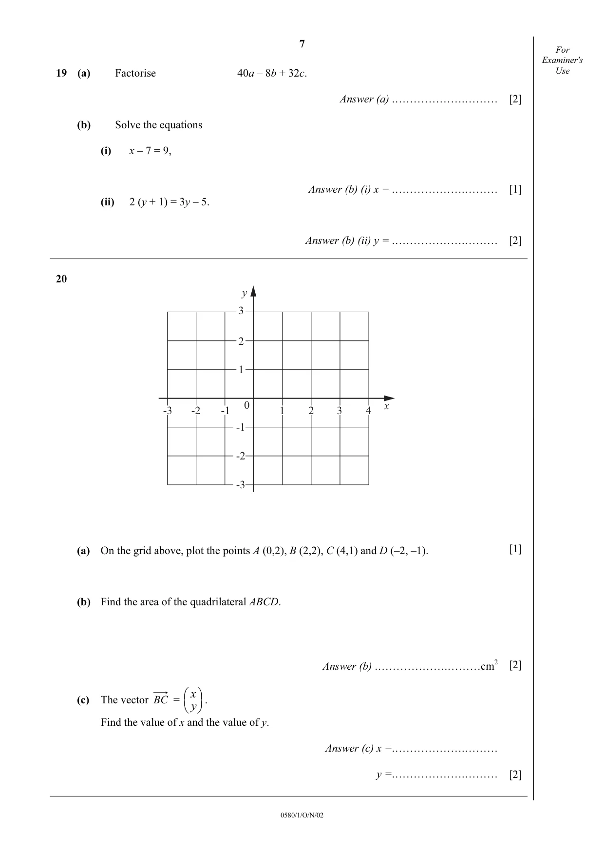 Cambridge IGCSE Mathematics 0580 2002 Oct/Nov Paper 1 · Variant 1 question paper, page 7 of 8