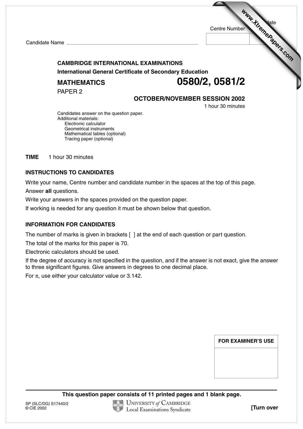Cambridge IGCSE Mathematics 0580 2002 Oct/Nov Paper 2 · Variant 1 question paper, page 1 of 12